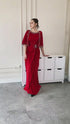 Red slit sleeves beaded evening dress
